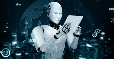XAI 3D illüstrasyon Gelecek Finansal Teknoloji Kontrolü Yapay Robot Huminoid makine öğrenimi ve yapay zeka kullanarak iş verilerini analiz ediyor ve yatırım ve ticaret hakkında tavsiyelerde bulunuyor