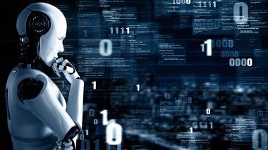 XAI 3d illüstrasyon Futuristik robot yapay zeka insansı yapay zeka programlama kodlama teknolojisi geliştirme ve makine öğrenme kavramı. İnsanlığın geleceği için robot biyonik bilim araştırması