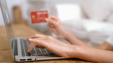 Kadın alışverişi ya da internet pazarında online ödeme modern yaşam tarzı için satılık eşyalar arıyor ve canlı siber güvenlik yazılımı tarafından korunan cüzdandan çevrimiçi ödeme için kredi kartı kullanıyor