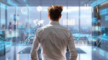Finansal danışman veya tüccar BI ticari istihbarat veri tablosu ve grafik gösterge paneli ile çalışarak pazarlama stratejisi araştırması için karar veriyor..