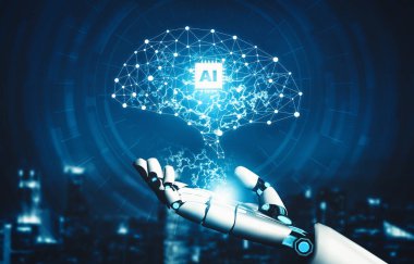 XAI 3D yorumlama fütürist robot teknolojisi geliştirme, yapay zeka yapay zekası ve makine öğrenme konsepti. İnsan hayatının geleceği için küresel robot biyonik bilim araştırması.