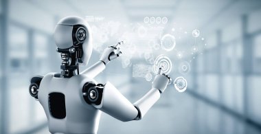 XAI 3d illüstrasyon yapay zeka yöntemini kullanarak sanal ekrana dokunan yapay robot yapay zeka ile küresel iletişim ağı kavramını gösteriyor. 3B illüstrasyon