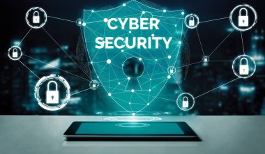 Siber Güvenlik ve Dijital Veri Koruma Konsepti. Simge arayüzü çevrimiçi veri erişim savunması için güvenli güvenlik duvarı teknolojisi gösteriyor. Hackerlara, virüse ve güvensiz bilgilere karşı. uds