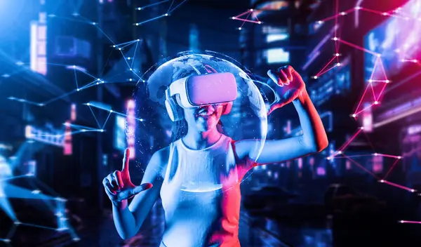 Stoisko Kobiet Cyberpunkowym Budynku Meta Nosić Zestaw Słuchawkowy Łączący Metawersum — Zdjęcie stockowe