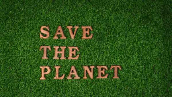 stock image Eco awareness campaign for Earth day concept showcase message arranged in Save Earth on biophilic green background. Environmental social governance concept idea for sustainable and greener future.Gyre