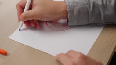 Yavaş çekim kapanış çalışanı stratejik pazarlama planı yapıyor ve toplantı odasındaki ofis masasına renkli yapışkan notlarla zihin haritası yapıyor. Değiştirilmiş