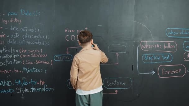 聪明男孩在黑板上写工程技术提示的背景图 利用Stem技术教室的编码和编程系统 吸引快乐的学生设计一个项目 穿上衣服Erudition — 图库视频影像
