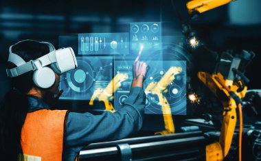 Dijital sanayi ve fabrika robotu teknolojisi için XAI Gelişmiş Robot Kol Sistemi. İnternet ağına bağlı IOT yazılımı kullanarak endüstri mühendisliği tarafından kontrol edilen otomasyon üretim robotu.