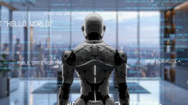 Yapay zeka mühendisliği iş başında. Yapay zeka algoritması pazarlama otomasyonu, teknik analiz, çözüm iletişimi ve hızlı yanıt için. LISP kodlu program ve 3d resimleme öğrenen makine