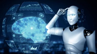 XAI 3D illüstrasyon Yapay Zeka Robotu Düşünme Sanal ekran analizi makine öğrenme süreciyle yapay zeka ve yapay zeka kavramını gösteriyor. 3B görüntüleme.