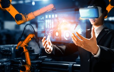 Dijital sanayi ve fabrika robotu teknolojisi için XAI Gelişmiş Robot Kol Sistemi. İnternet ağına bağlı IOT yazılımı kullanarak endüstri mühendisliği tarafından kontrol edilen otomasyon üretim robotu.