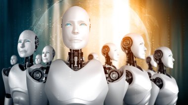 XAI 3D illüstrasyon. Robot insansı grubun gelecekteki yapay zeka kavramı ve 4. sanayi devrimi..
