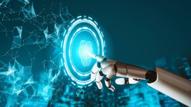 XAI 3D yorumlama fütürist robot teknolojisi geliştirme, yapay zeka yapay zekası ve makine öğrenme konsepti. İnsan hayatının geleceği için küresel robot biyonik bilim araştırması.