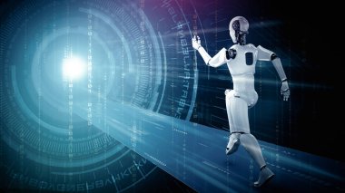 XAI 3D illüstrasyon. Hızlı hareket eden robot insanımsı robot, yapay zeka ve yapay zeka geliştirme kavramının gelecekte geliştirilmesi için gerekli enerjiyi makine öğrenmesiyle gösteriyor.