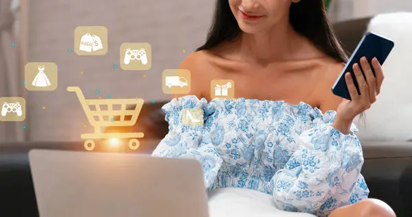 Elegant Customer Wearing Blue Dress Controlling Device Choosing Online Platform — Stock Photo, Image