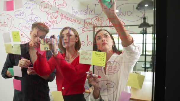 Έξυπνη Συνεργάσιμη Επιχειρηματική Ομάδα Συνεργάζονται Και Την Ιδέα Brainstorm Γράφοντας — Αρχείο Βίντεο