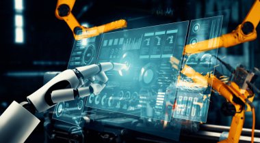 XAI Mekanize Endüstri Robotu ve robot silahları fabrika üretiminde kullanılacak. Sanayi devrimi ve otomasyon üretim süreci için yapay zeka kavramı.