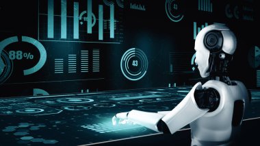 XAI 3D illüstrasyon Gelecek Finansal Teknoloji Kontrolü Yapay Robot Huminoid makine öğrenimi ve yapay zeka kullanarak iş verilerini analiz ediyor ve yatırım ve ticaret hakkında tavsiyelerde bulunuyor