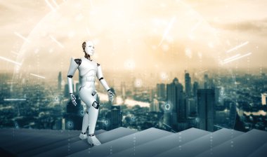 XAI 3D illüstrasyon robotu insanımsı başarıya ve hedefe ulaşmak için merdivenlerden çıkıyor. Dördüncü endüstriyel devrim için beyin ve makine öğrenme süreci kavramı.
