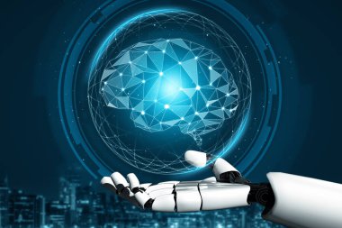 XAI 3D Renching futuristik robot teknolojisi geliştirme, yapay zeka yapay zeka ve makine öğrenme konsepti. İnsan hayatının geleceği için küresel robot biyonik bilim araştırması.
