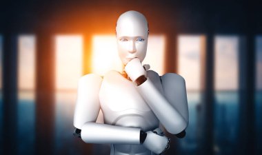 XAI 3D illüstrasyon. Yapay zeka kavramında yapay zeka kavramını inceleyen yapay zeka analizi yapan yapay zeka düşünen yapay robot. Dördüncü endüstriyel devrim için. 3B illüstrasyon.