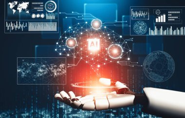 XAI 3D yorumlama fütürist robot teknolojisi geliştirme, yapay zeka yapay zekası ve makine öğrenme konsepti. İnsan hayatının geleceği için küresel robot biyonik bilim araştırması.