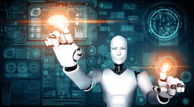 XAI 3d illüstrasyon yapay zeka kullanarak makine öğrenme sürecini kullanarak büyük veri analizi kavramını gösteren sanal sanal sanal ekrana dokunan yapay yapay yapay insansı robot. 3B illüstrasyon.