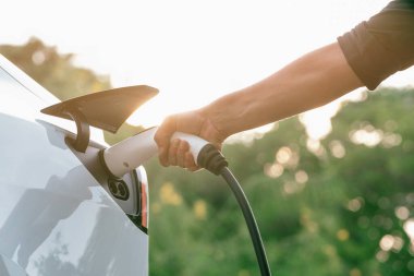 Sonbahar gezisi sırasında sonbahar ormanı arabasında elektrikli araba için şarj eden bir adam. Sonbahar tatilinde elektrikli araçla çevre dostu bir seyahat. Yükselt