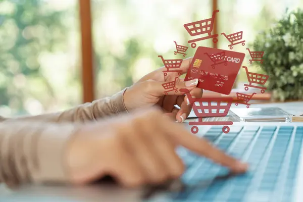 Elegant Customer Wearing Brown Sweater Holding Credit Card Typing Laptop — Stock Photo, Image