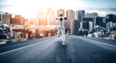 XAI 3D illüstrasyon. Hızlı hareket eden robot insanımsı robot, yapay zeka ve yapay zeka geliştirme kavramının gelecekte geliştirilmesi için gerekli enerjiyi makine öğrenmesiyle gösteriyor.