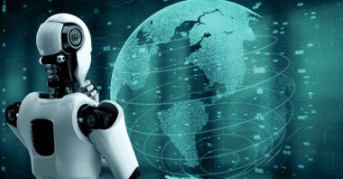 XAI 3d illüstrasyon Futuristik robot yapay zeka insansı yapay zeka veri analitik teknoloji gelişimi ve makine öğrenme kavramı. İnsanlığın geleceği için küresel robotik biyonik bilim araştırması