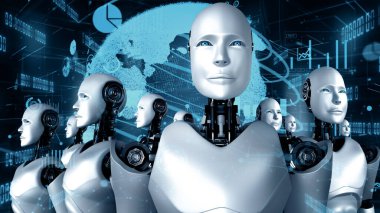 XAI 3D illüstrasyon Gelecek Finansal Teknoloji Kontrolü Yapay Robot Huminoid makine öğrenimi ve yapay zeka kullanarak iş verilerini analiz ediyor ve yatırım ve ticaret hakkında tavsiyelerde bulunuyor