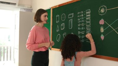 İlkokulda Afrikalı bir kızın tahtaya cevap yazmasına bakan yetenekli beyaz bir öğretmen. İlkokul sınavına cevap vermek için sınıfın önünde yürüyen profesyonel bir öğrenci. Pedagoji.