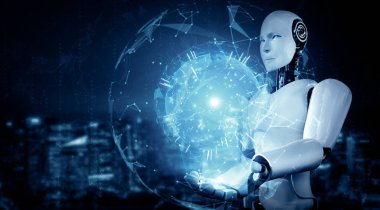 XAI 3d illüstrasyon yapay zeka yöntemini kullanarak küresel iletişim ağı kavramını gösteriyor. 3B resimleme bilgisayarı