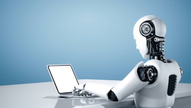 XAI 3D illüstrasyon robotu insansı dizüstü bilgisayar kullanır ve yapay zeka, yapay zeka ve makine öğrenme sürecini kullanarak geleceğin ofisinde masada oturur. Dördüncü sanayi devrimi