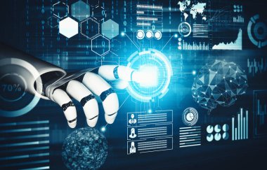 XAI 3D yorumlama fütürist robot teknolojisi geliştirme, yapay zeka yapay zekası ve makine öğrenme konsepti. İnsan hayatının geleceği için küresel robot biyonik bilim araştırması.