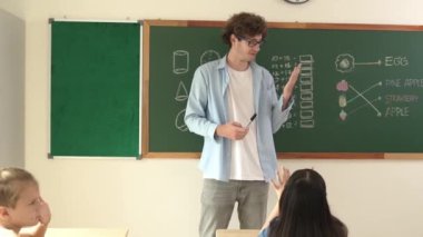 Matematik formülü veya teorisi ile karatahtanın önünde dururken sınıfın etrafına bakan profesyonel akıl hocası. Çeşitli ilköğretim öğrencileri matematik dersinde öğreniyor, çalışıyor ve oturuyor. Pedagoji.