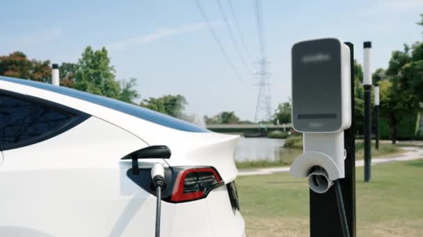 Slow Motion Electric Vehicle Car Recharge Battery Charging Station Connect — Stock Video