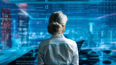 Üst düzey kadın programcı yapay zeka güdümlü pazarlama çözümleri için LISP Açık Robot Hologramı aracılığıyla yazılım analiz ediliyor.