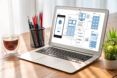 Model mobil uygulama ve web sitesi için UX UI tasarım süreci. Profesyonel uygulama geliştiricisi için kablo grafiğinin yaratıcı prototipi .
