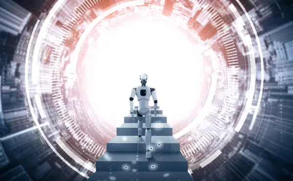 Robot Illustration Xai Humanoïde Monter Escalier Vers Succès Réalisation Des — Photo