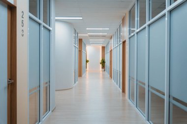 Boş modern ofis, cam duvarlı parlak koridor. Uzun, beyaz, modern ofis koridoru. İş adamı yok. Bir sürü cam duvar ve kapı. Beyaz, parlak, boş iş yeri koridoru arka planı. Süslü.