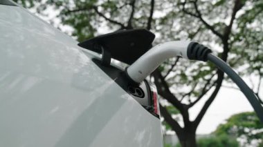 EV elektrikli araç EV şarj istasyonu ulusal park veya açık hava orman manzaralı. Çevre dostu EV arabalarla yaz ormanlarında doğal koruma. Yükselt