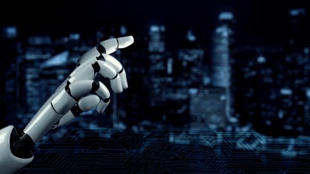 Xai Futuristicロボット人工知能がAi技術開発と機械学習のコンセプトを啓発する 人間の未来のためのグローバルロボットブロックチェーン科学研究 3Dレンダリング — ストック動画