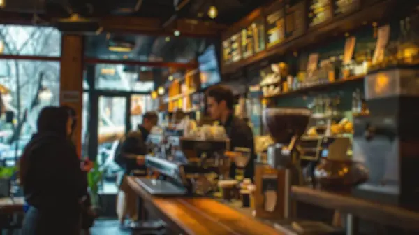 Blurred Background Busy Coffee Shop Patrons Enjoying Drinks Baristas Crafting — Stock Photo, Image