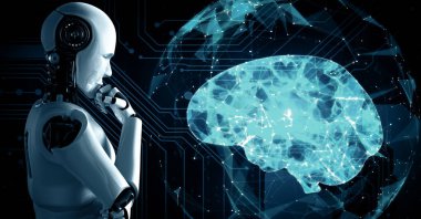 XAI 3D illüstrasyon Yapay Zeka Robotu Düşünme Sanal ekran analizi makine öğrenme süreciyle yapay zeka ve yapay zeka kavramını gösteriyor. 3B görüntüleme.