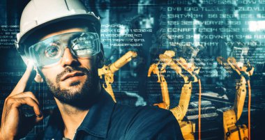 XAI Smart Endüstri 4.0 veya 4. endüstriyel devrimin otomasyon üretim sürecini ve IOT yazılımını gösteren dijital fabrika üretim teknolojisi için robot kolları.