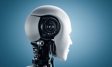 İnsansı yapay zeka robot kafasının XAI 3D görüntüsü. 3B illüstrasyon.