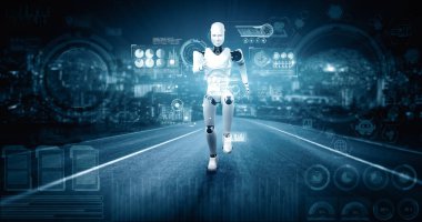 XAI 3D illüstrasyon. Hızlı hareket eden robot insanımsı robot, yapay zeka ve yapay zeka geliştirme kavramının gelecekte geliştirilmesi için gerekli enerjiyi makine öğrenmesiyle gösteriyor.