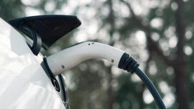 Doğal yeşil şehir parkındaki otoparkta EV elektrikli araba şarj pili. Sürdürülebilir ve çevre dostu şehir yolculuğu için yenilenebilir otomobil için alternatif temiz enerji teknolojisi. Titiz